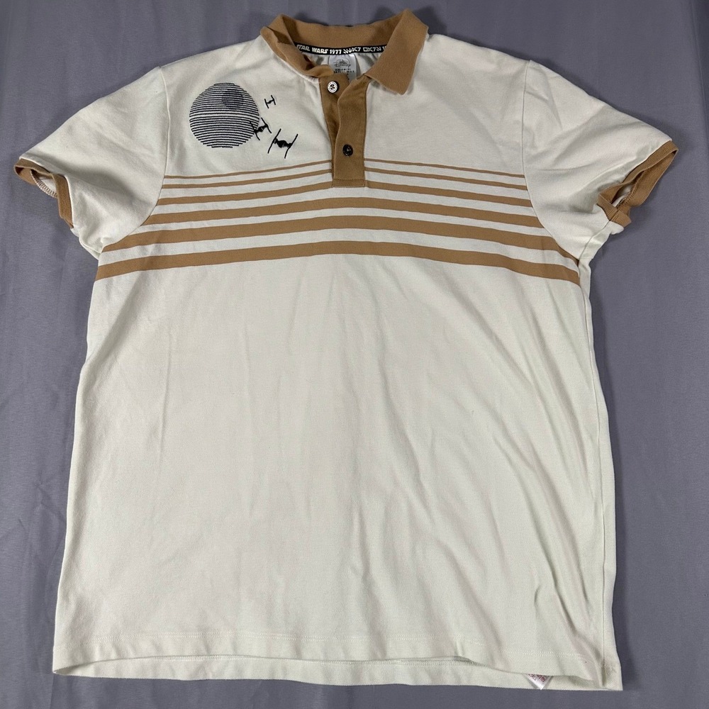 Disney Star Wars Large Polo Shirt Death Star 1977 TIE Fighter Striped White Tan